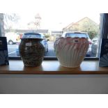 Floral patterned vase and 1 further glazed vase in blue and brown pattern