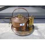 Copper tray with etched decoration, a copper kettle and a small copper and brass lantern converted