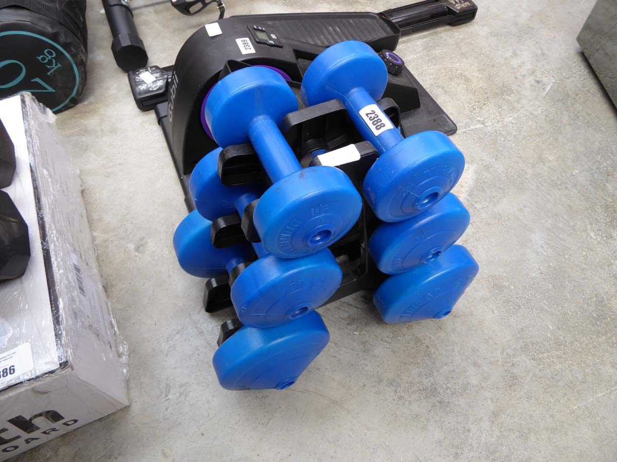 3 pairs of dumbbell weights on storage tree