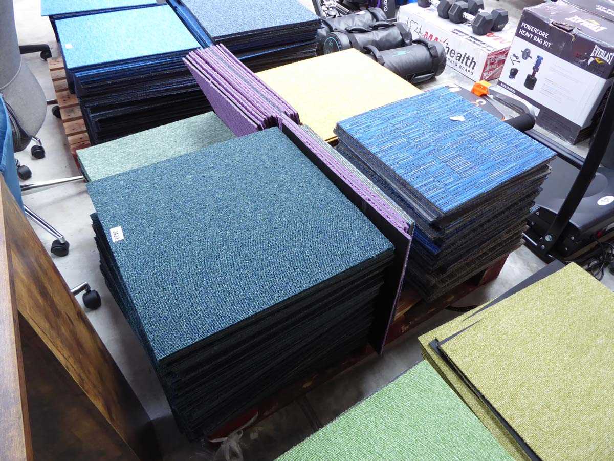 Pallet of mixed coloured carpet tiles incl. yellow, blue, purple, green and red