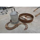 3 agricultural items; a cast iron wheel and 'S'-shaped bracket together with a galvanised poultry