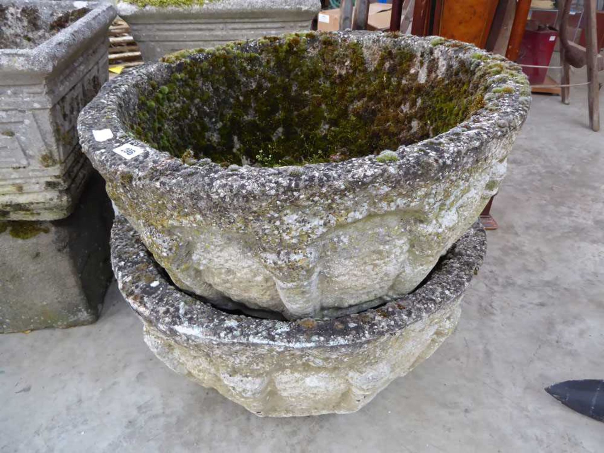 Large pair of aged concrete circular planters