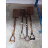 4 digging implements including; 1978 Postoffice spade, 1983 Bulldog military spade, 1970s Southern