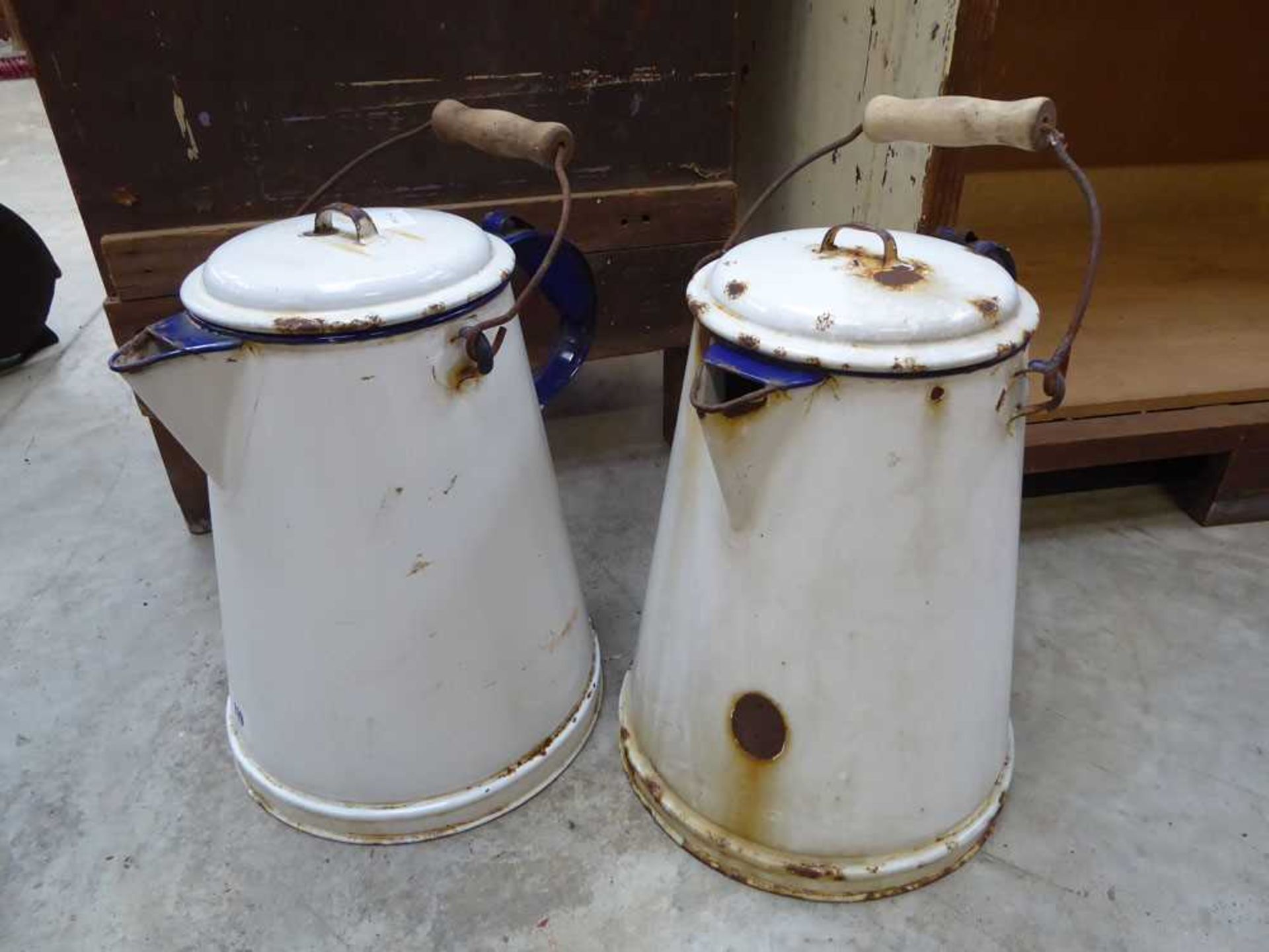 Pair of white & blue enamelled lidded pails