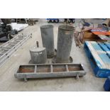6x galvanised items including 2x tall cylindrical feeders, 1x demi-lune feeder, a shallow trough