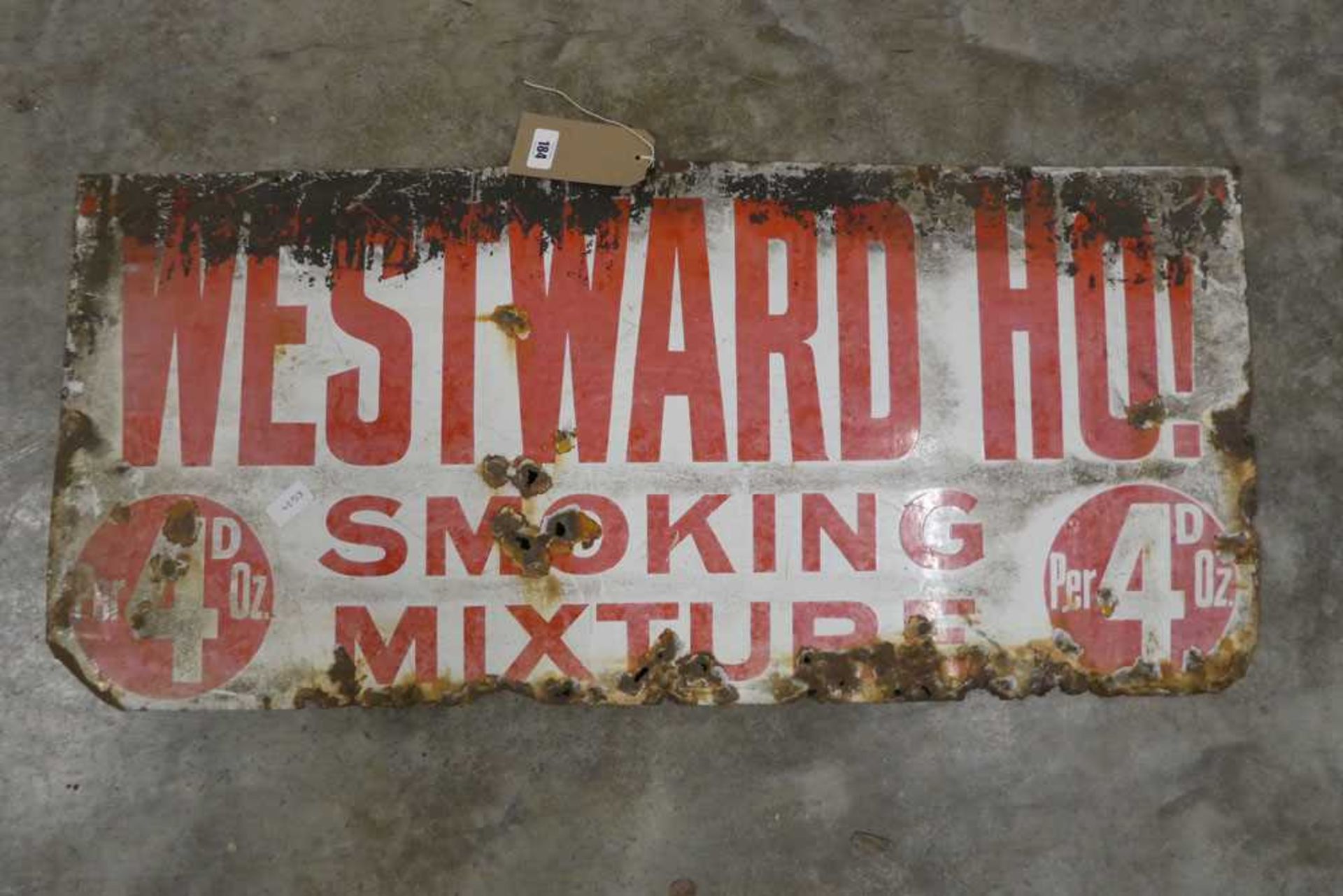 Enamelled metal advertising sign; 'Westward Ho! Smoking Mixture'