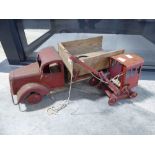 Vintage toy truck and tin plate mechanical crane