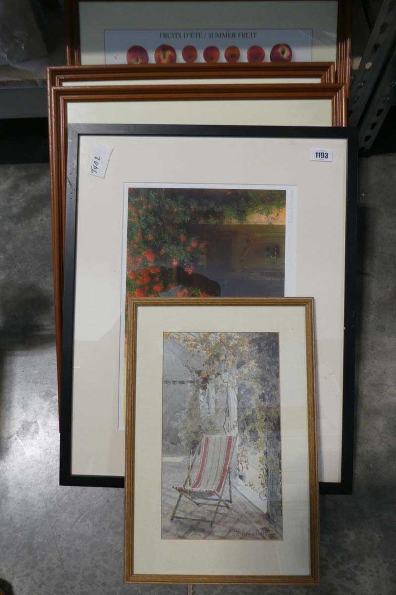 3 fruit & vegetable prints, 1 floral print by Richard Martin and a deckchair print