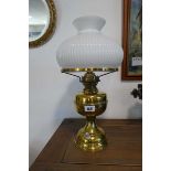 Brass oil lantern with ribbed white glass shade (no funnel)