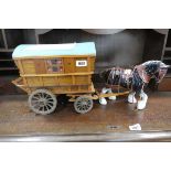 Ceramic Shire horse towing wooden caravan