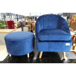 +VAT Blue velvet upholstered tub type chair on tapered supports with matching footstool with