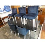 +VAT Black ash top metal frame dining table with 8 blue velvet upholstered dining chairs