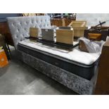 Grey button back suede upholstered double bed frame with Loren Williams Harriet Comfort memory