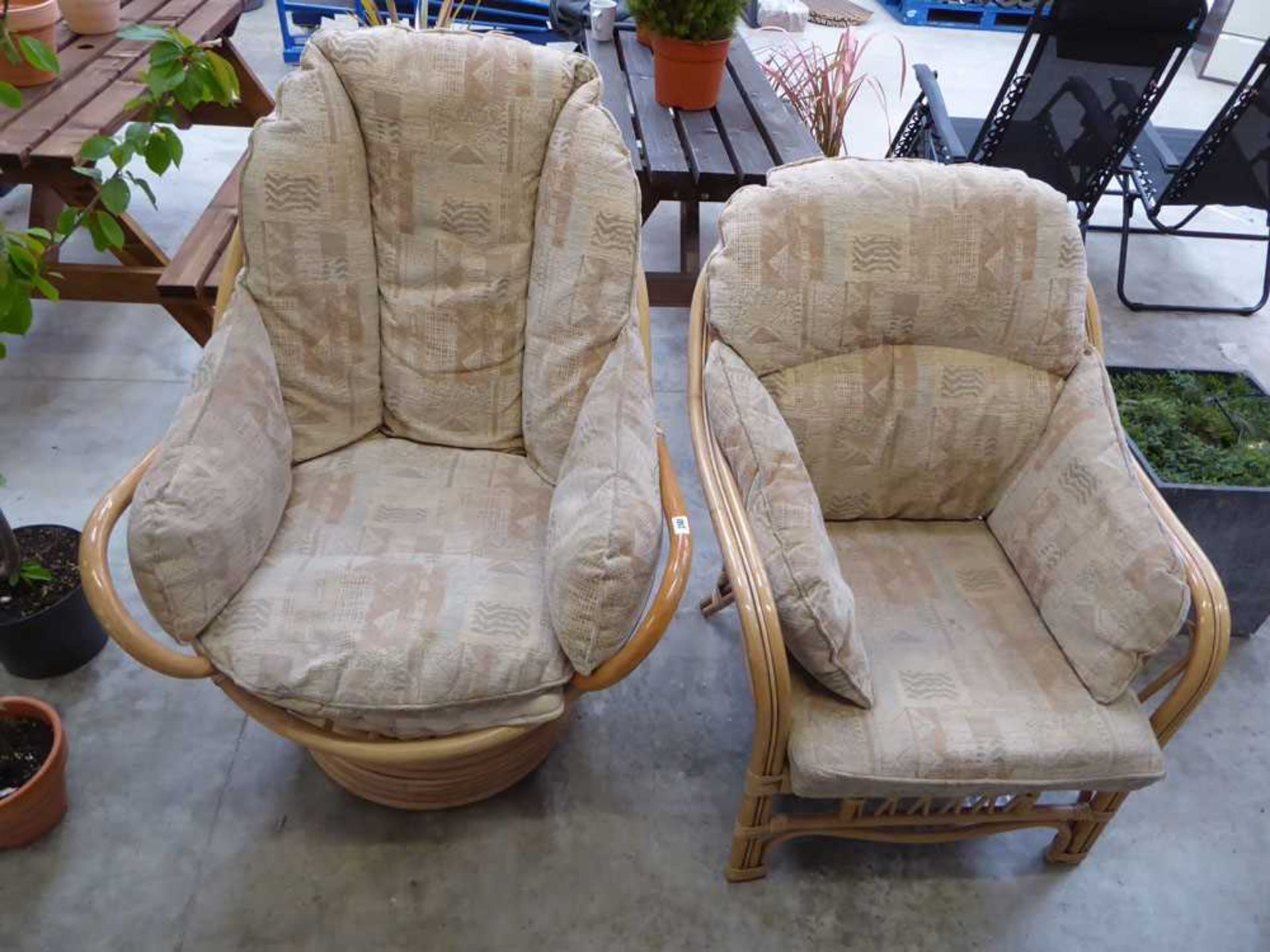 Pair of cane armchairs with cushions
