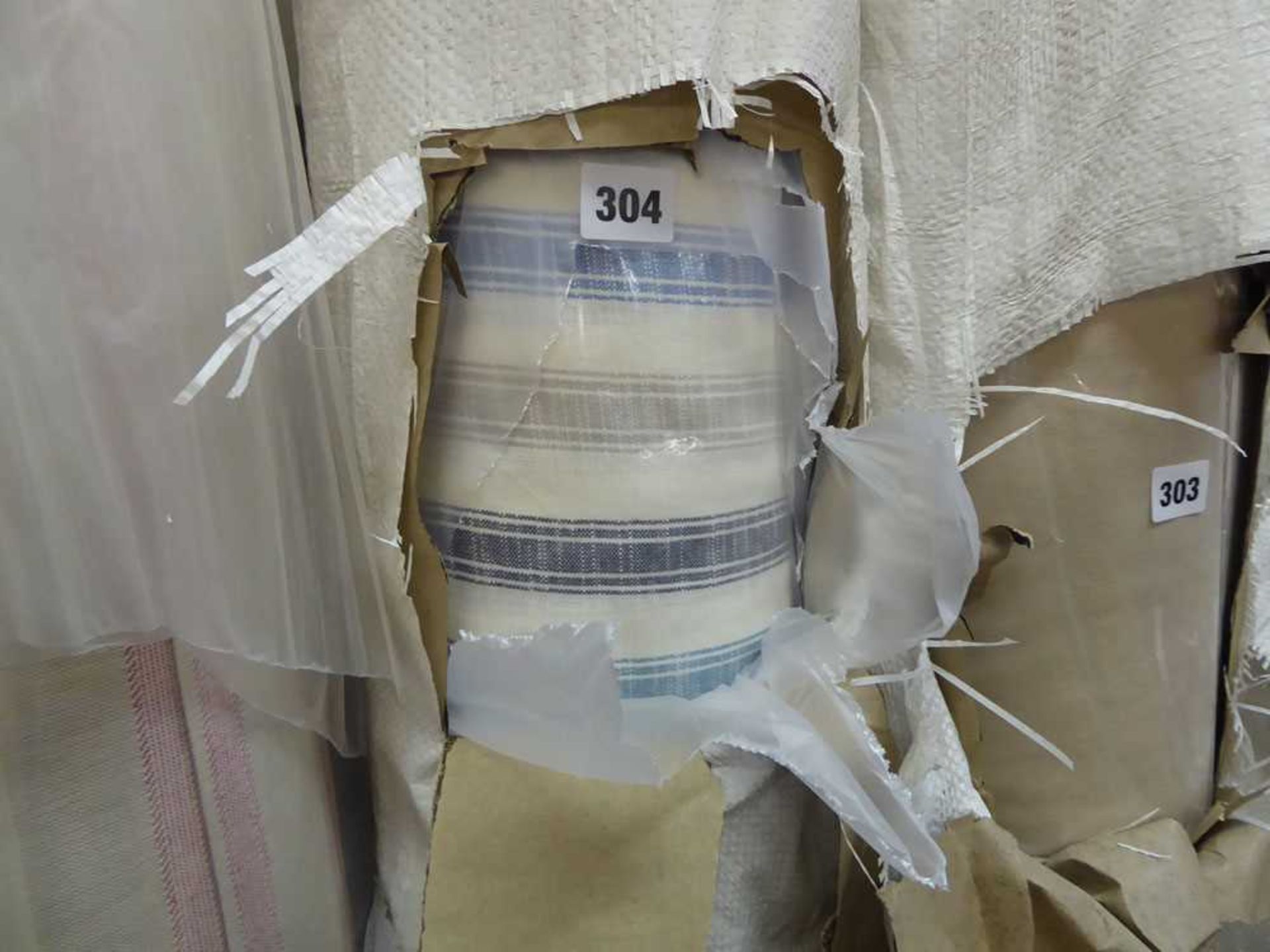 +VAT Roll of cream, brown and blue striped linen fabric