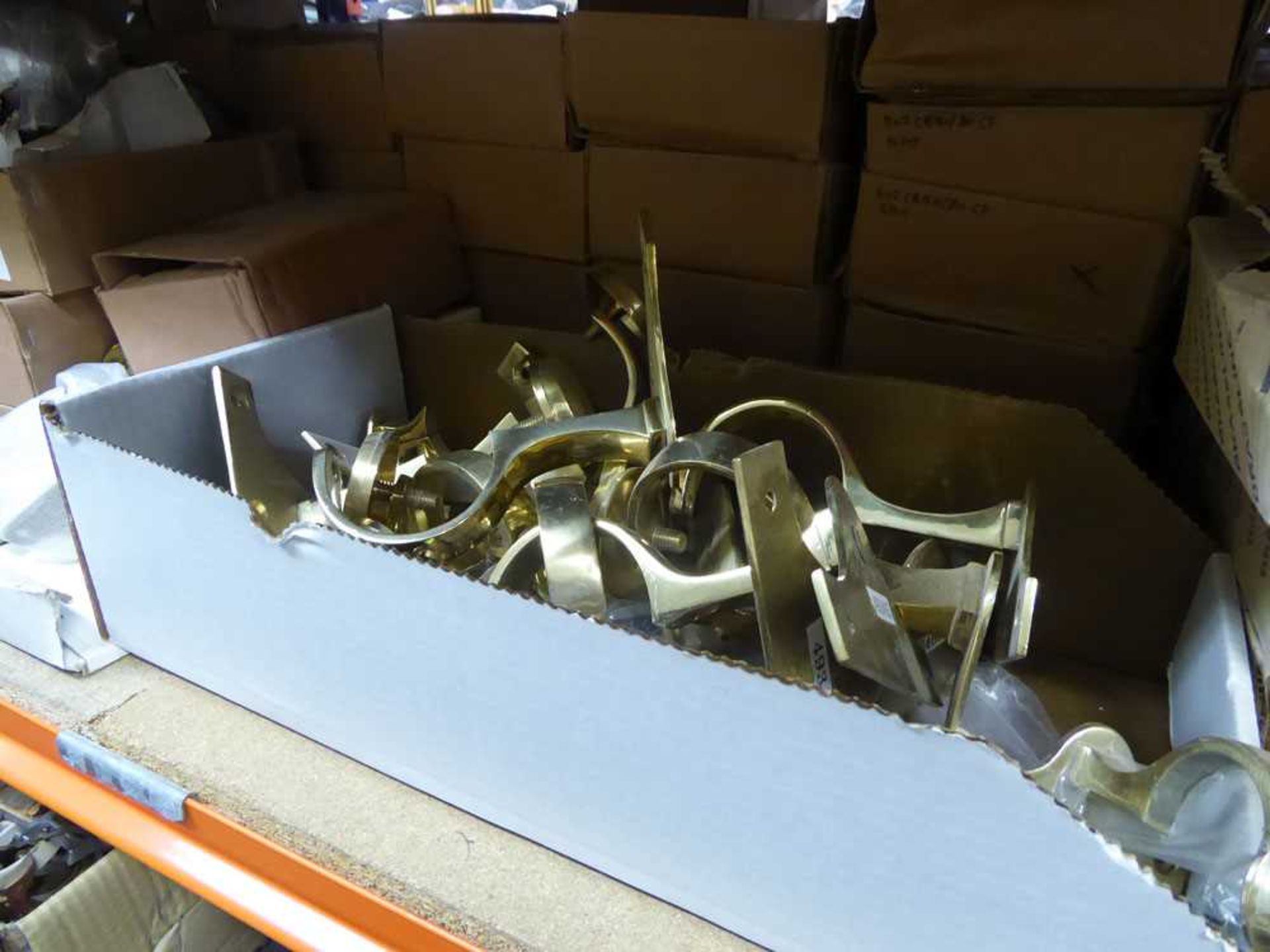 +VAT Large shelf of curtain rail fittings and similar components in brass, chrome, etc - Image 2 of 3