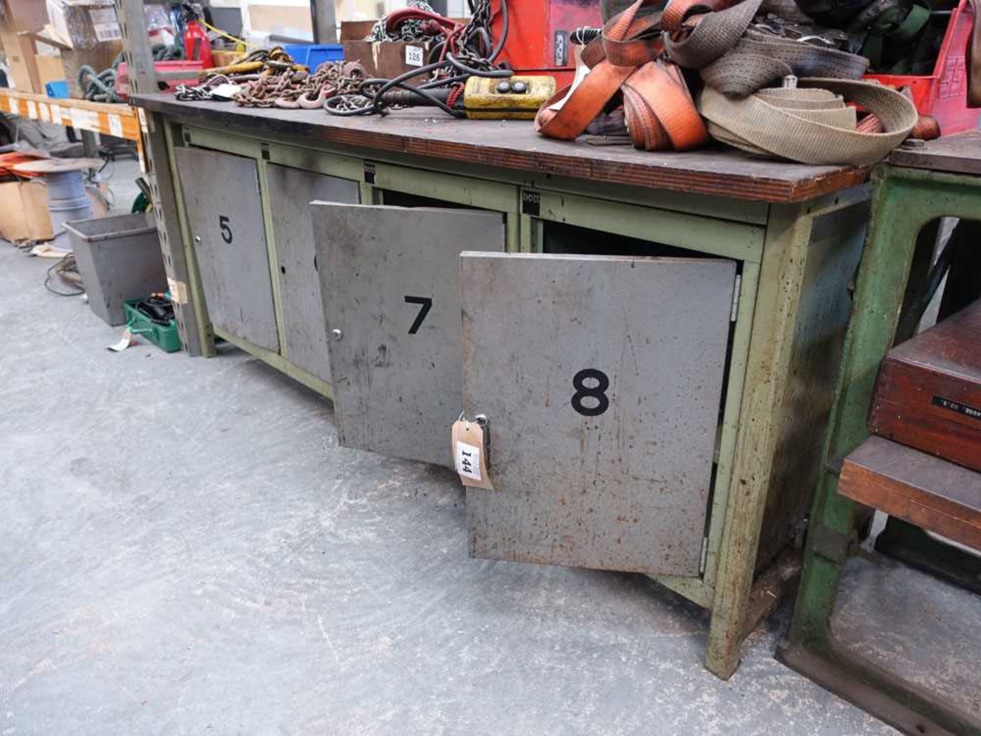 +VAT 6ft Bott metal frame engineers bench with 4 single door cupboards