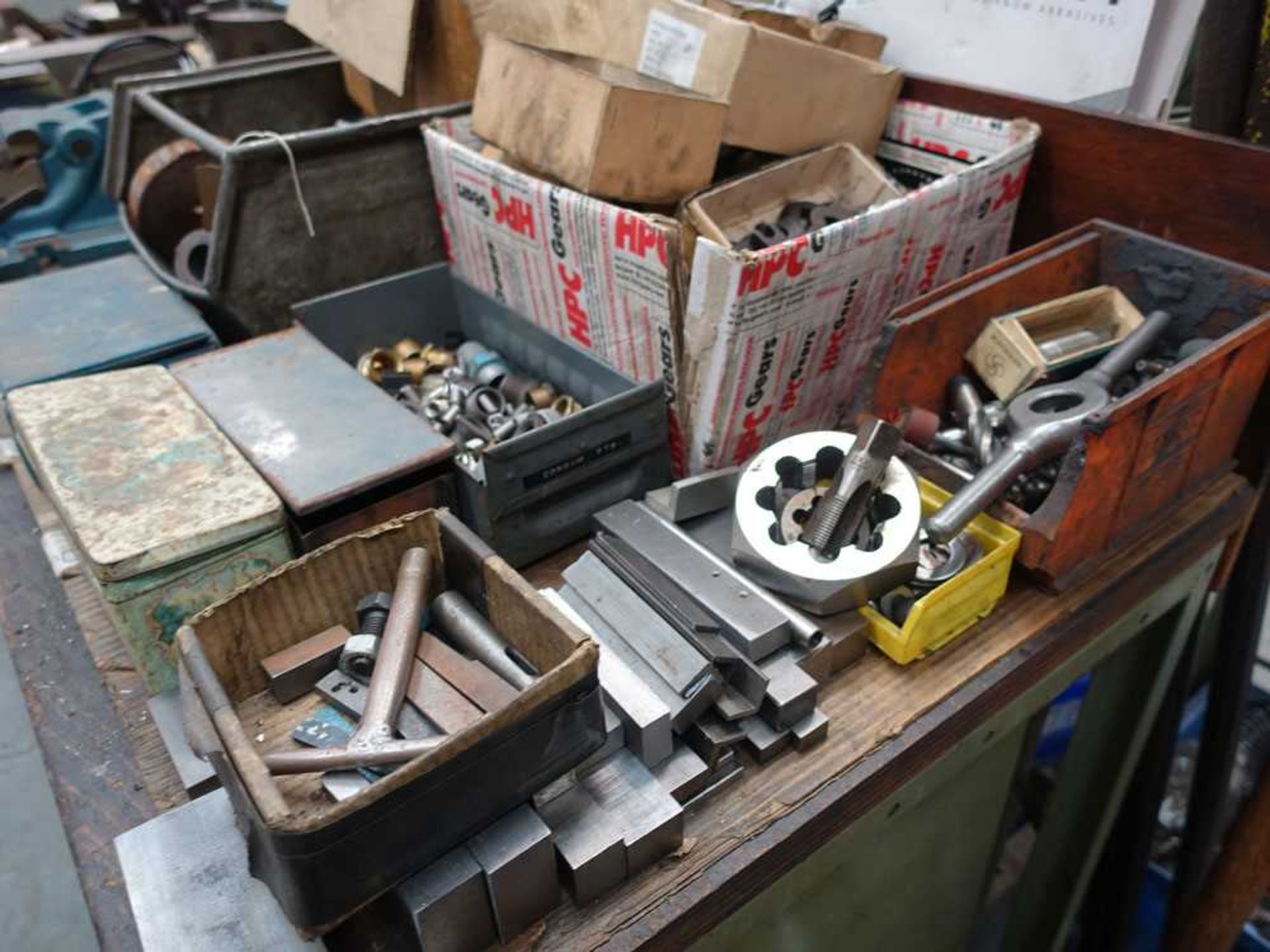 1/3 of a table top comprising of small parallel bars, part tap and die sets, reamers, drills, - Image 2 of 4