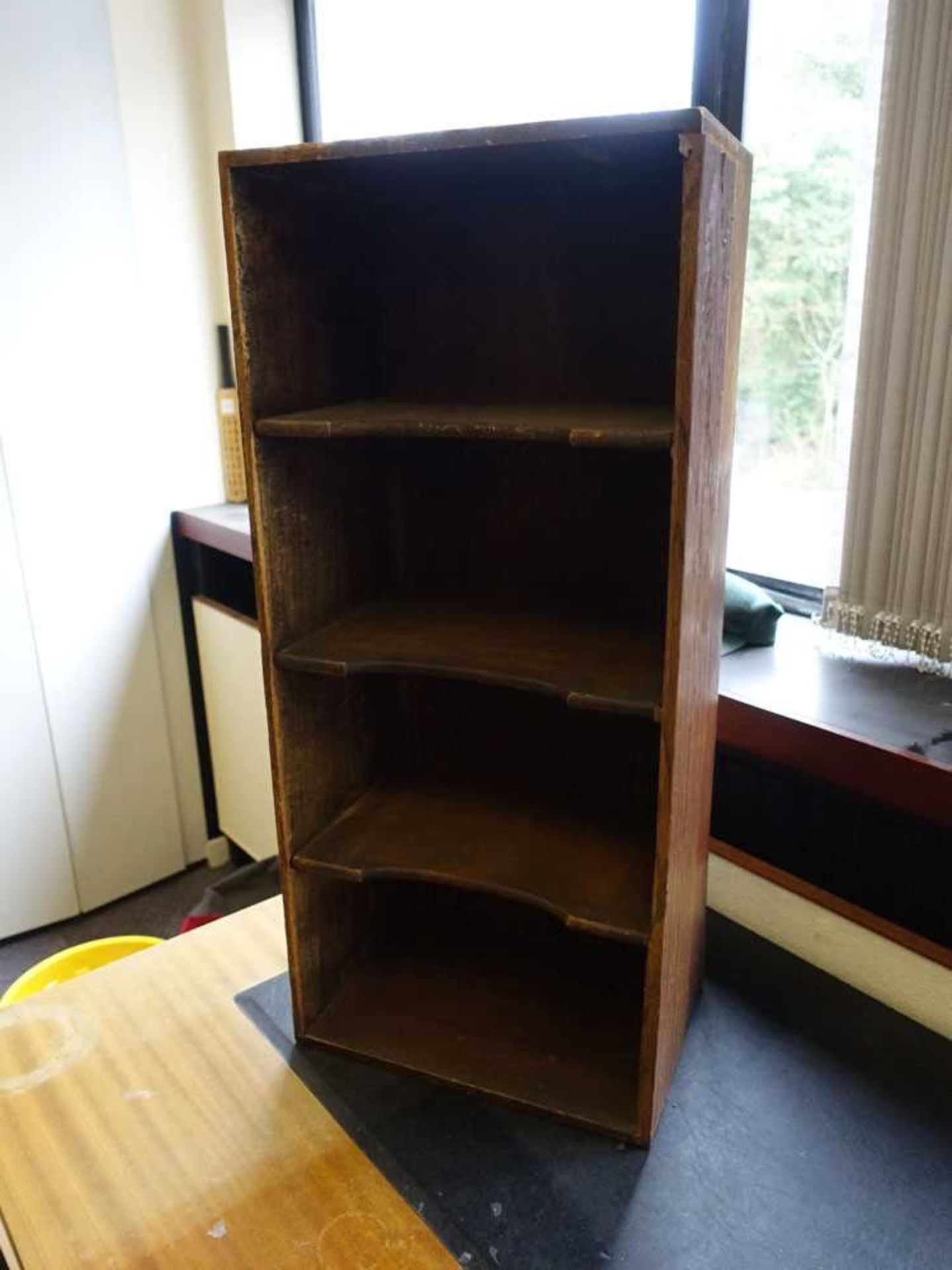 +VAT Office desk, small open shelf unit and long narrow oak table (in first office on right hand - Image 3 of 3