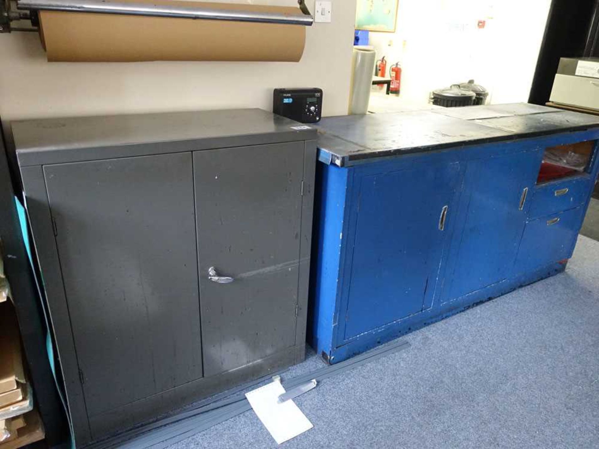 +VAT Low level grey 2 door cabinet, 6ft grey 2 door cabinet, open shelf, blue painted cabinet, 4