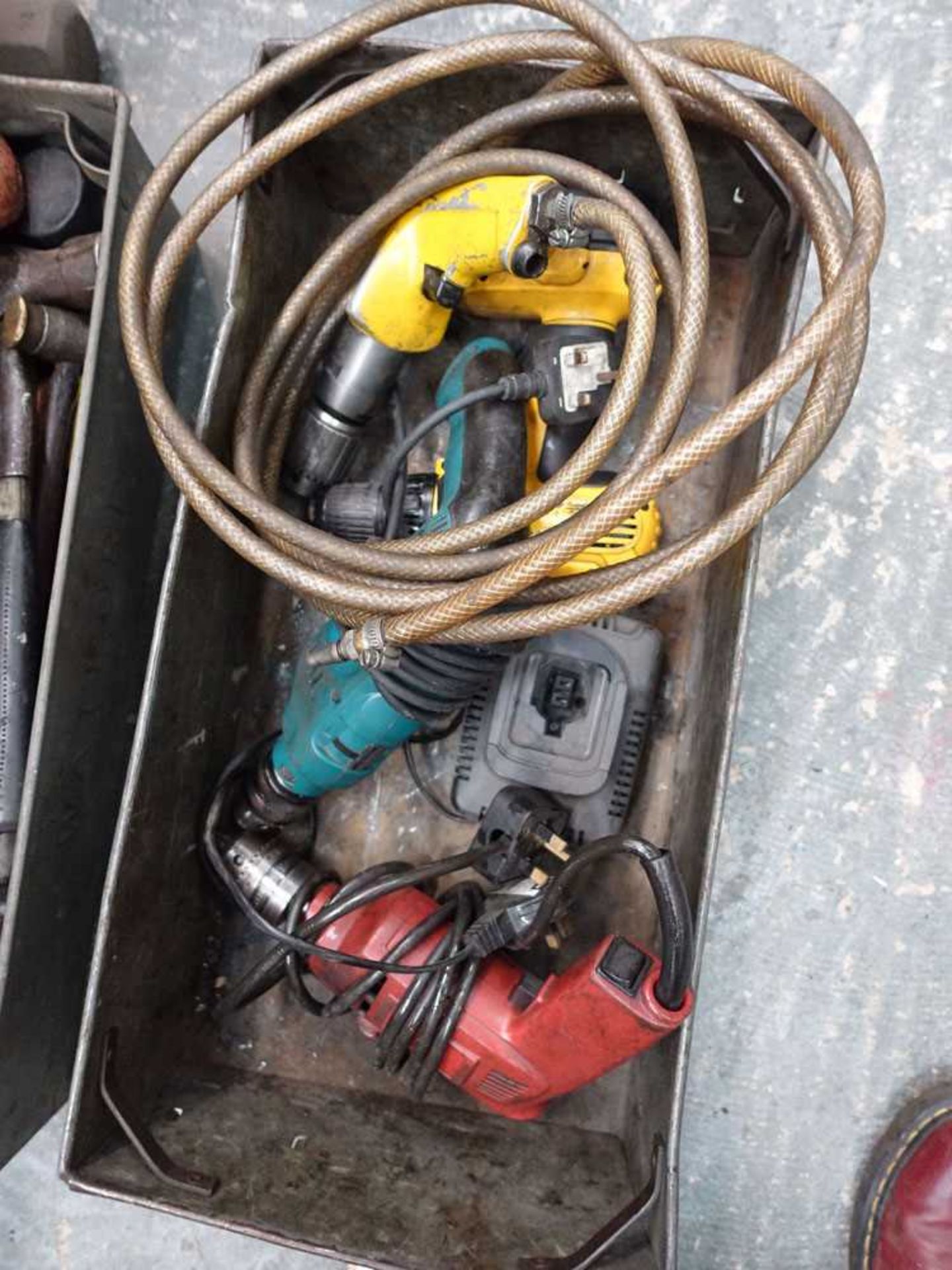 Metal tote with single phase Makita drill, Atlas Copco air drill and a Dewalt battery drill with - Image 2 of 2