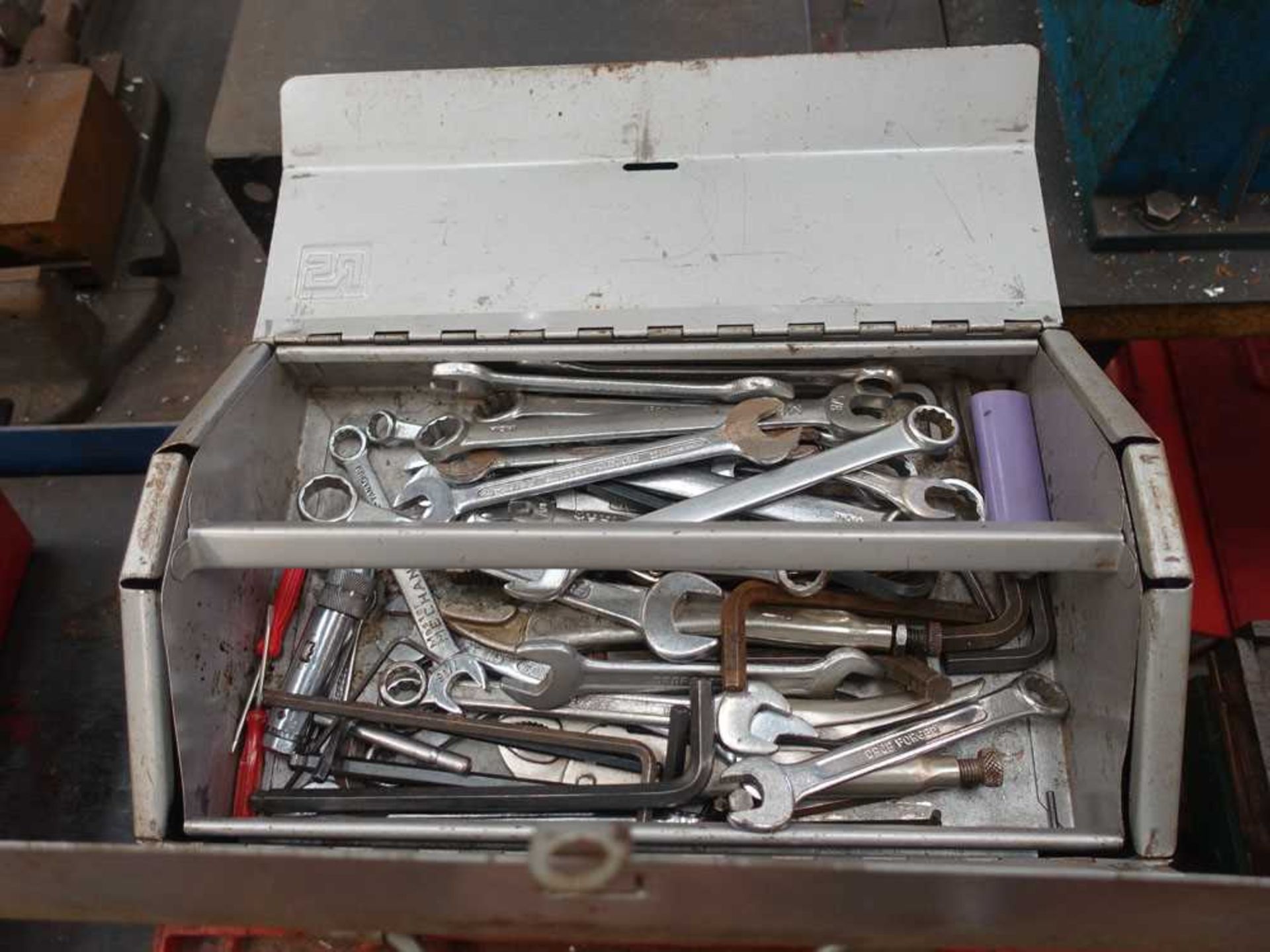 Red linbin with assorted hand tools inc. spanners, chisels, drill bits, metal tote with assorted - Image 4 of 4