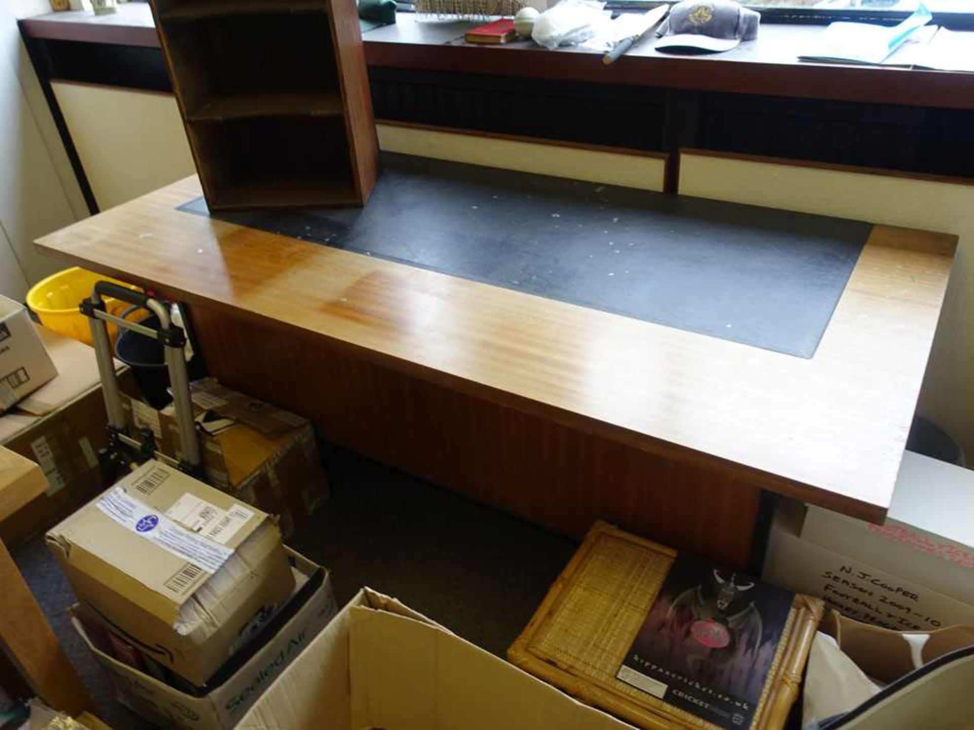 +VAT Office desk, small open shelf unit and long narrow oak table (in first office on right hand - Image 2 of 3