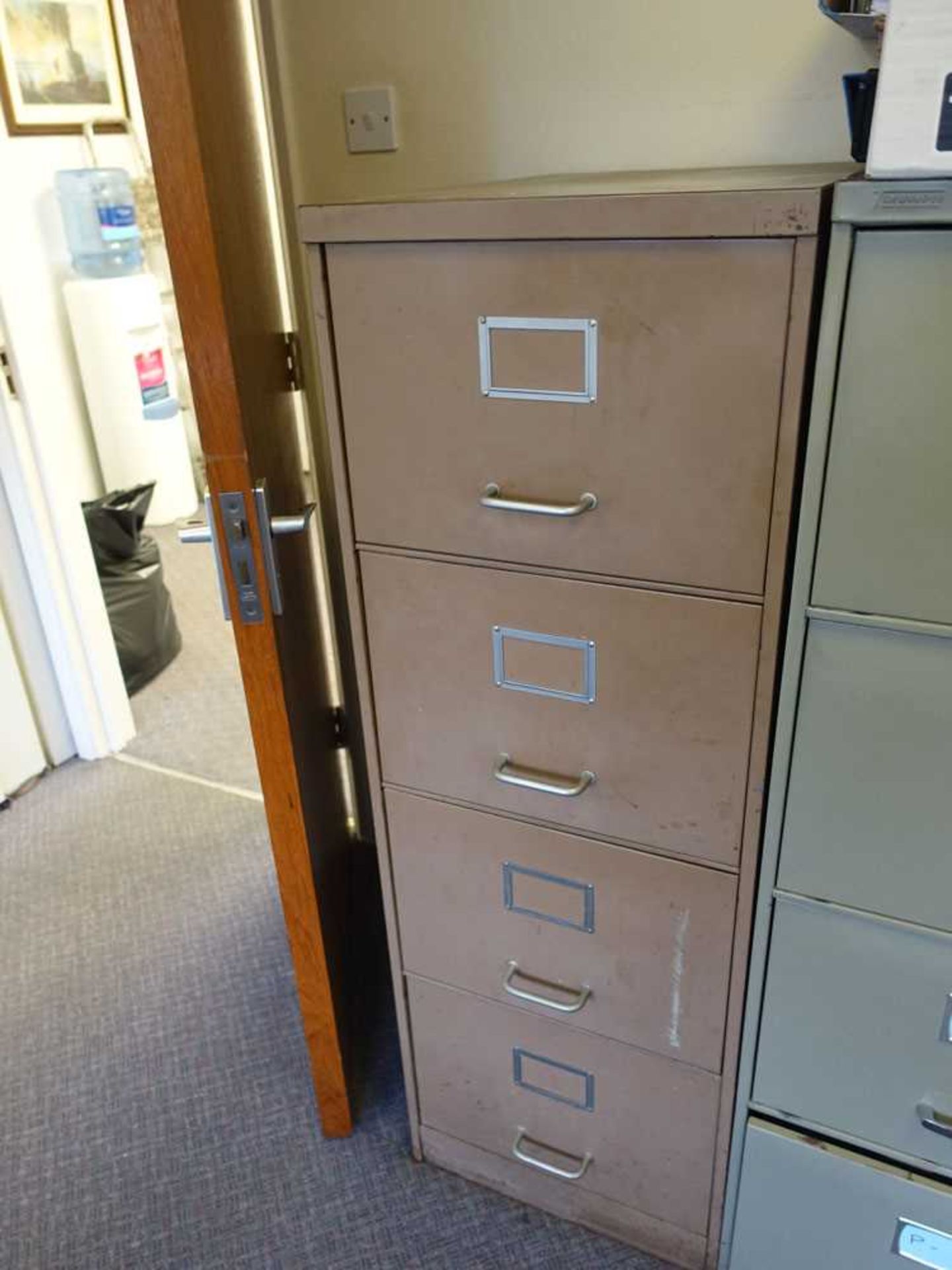 +VAT Brown metal 4 drawer filing cabinet, 2 desks, small computer workstation, small multi drawer on - Image 4 of 5