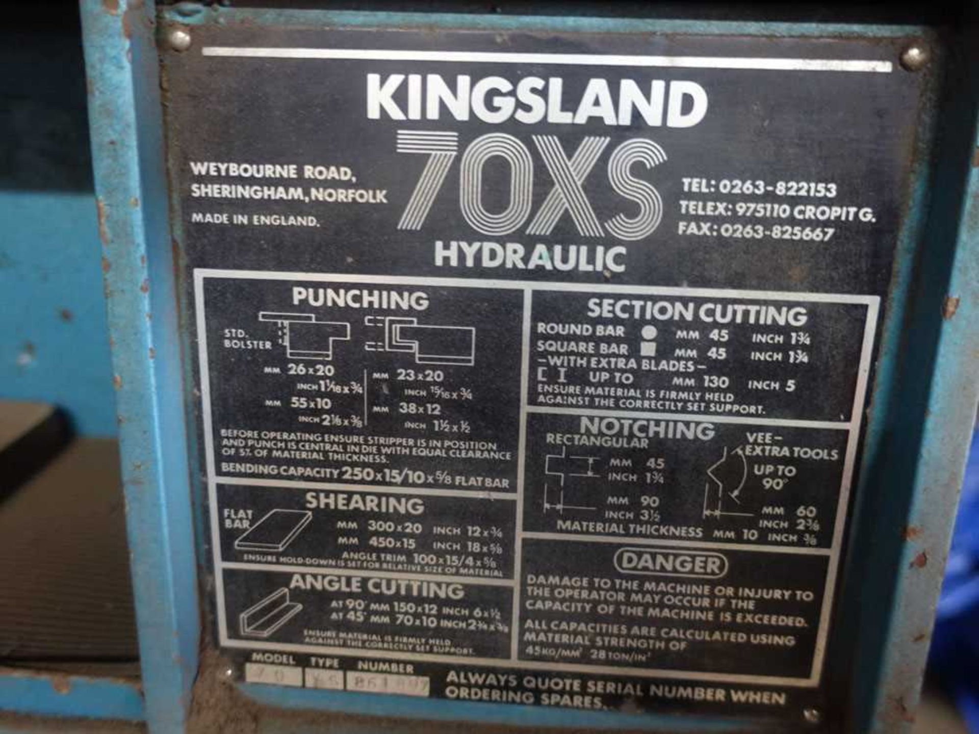 +VAT Kingsland model 70XS hydraulic metalworker, mounted on castors. Serial number: 861897 - Image 2 of 5
