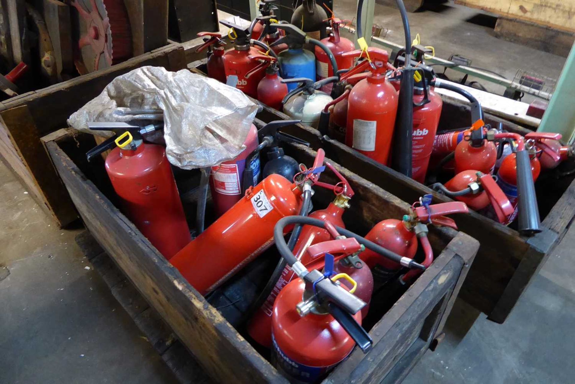 +VAT 2 metal bound wooden boxes each on sled containing fire extinguishers