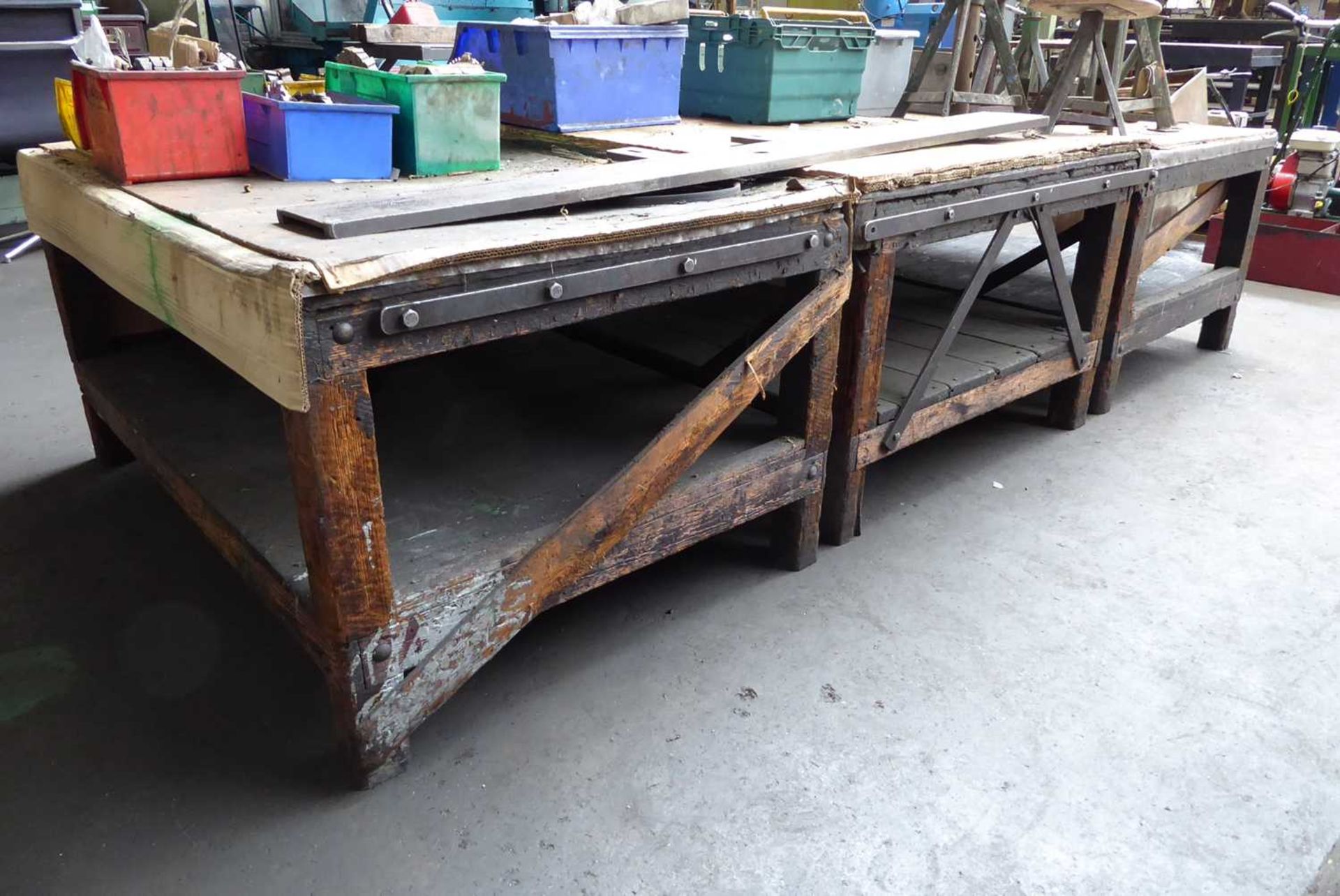 +VAT 3 low wooden benches, 4' workbench, welded steel workbench, bolted angle rack, early wooden - Image 8 of 8