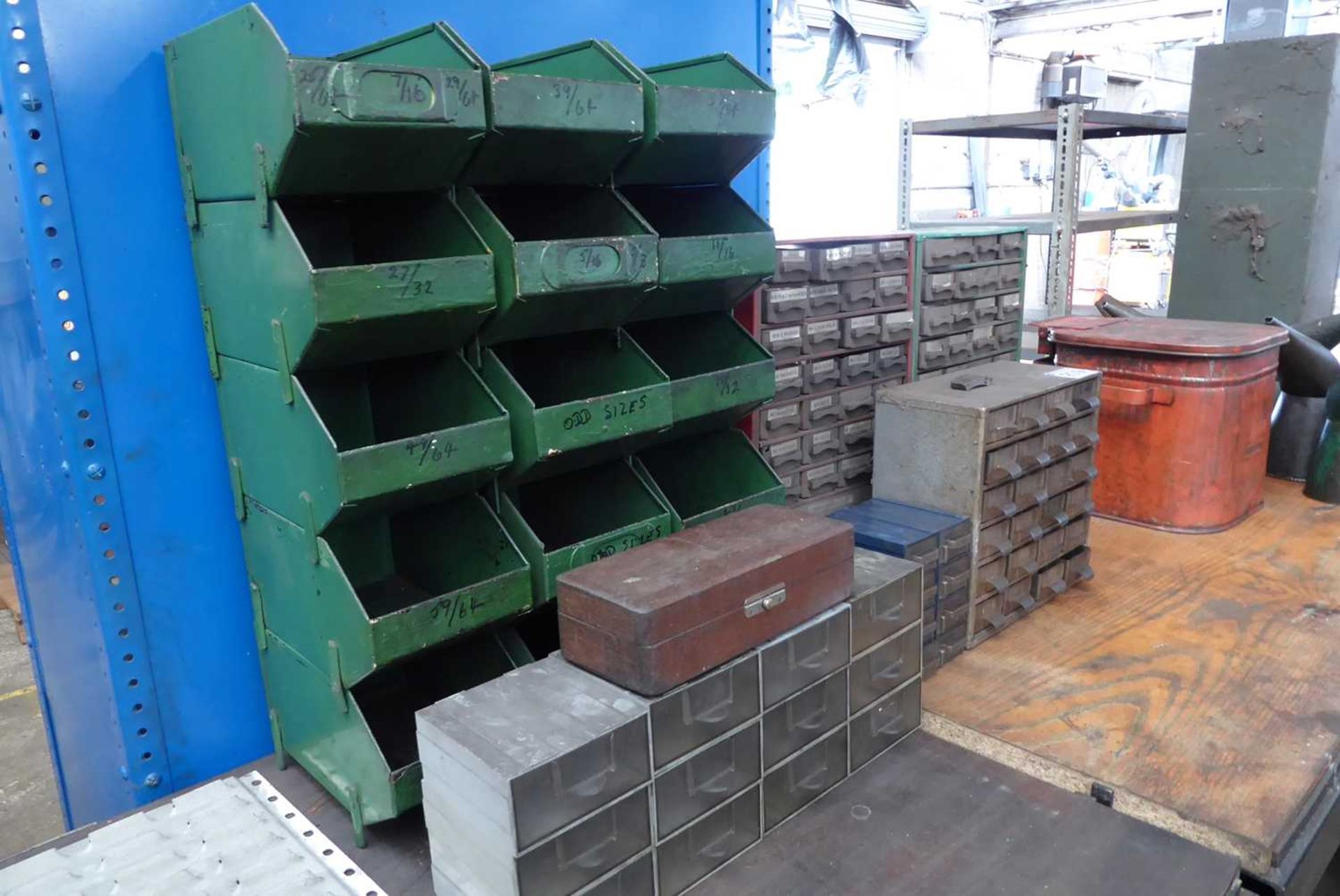 +VAT 15 green metal linbins together with various plastic multi-drawer units