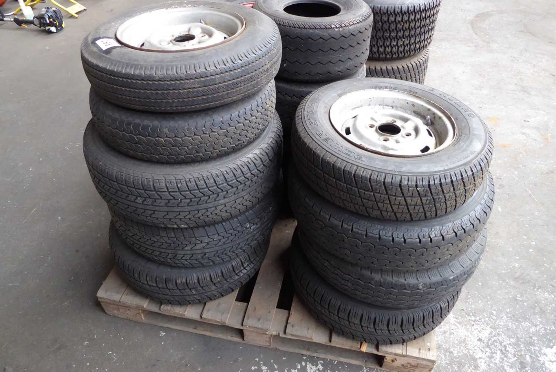 +VAT Pallet of approx. 13 various van, car, and mower wheels and tyres