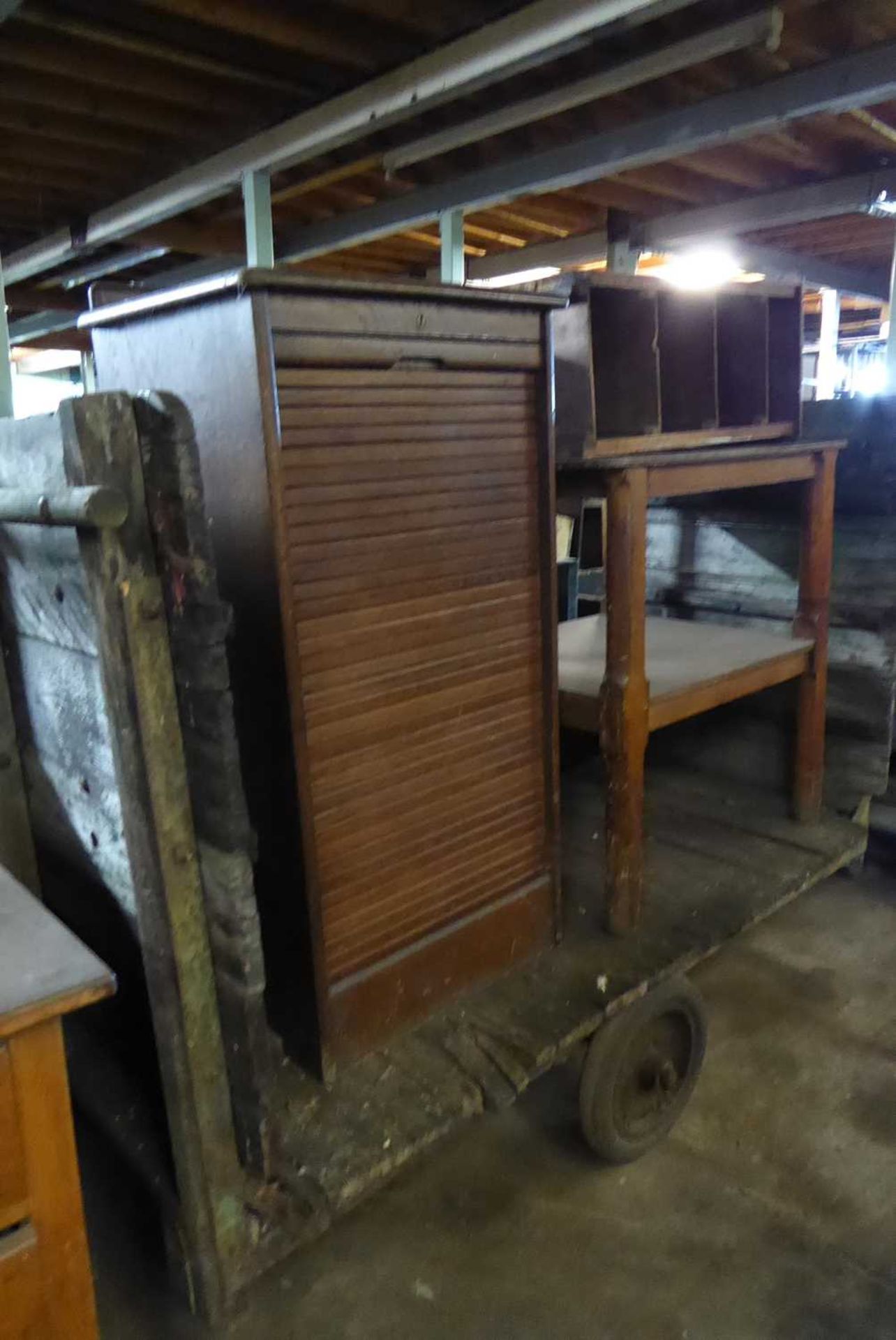 +VAT Early 20th Century barrow plus tambour fronted oak cabinet, table and small bookshelf - Image 2 of 2