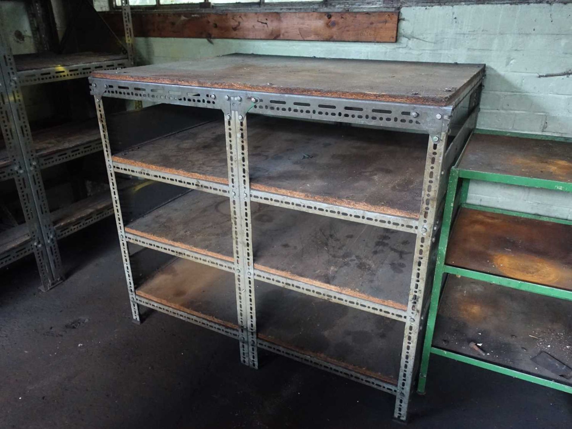 +VAT 8 wooden approx. 4' square work tables, together with 5 bays of bolted grey racking, 2 welded - Image 9 of 10