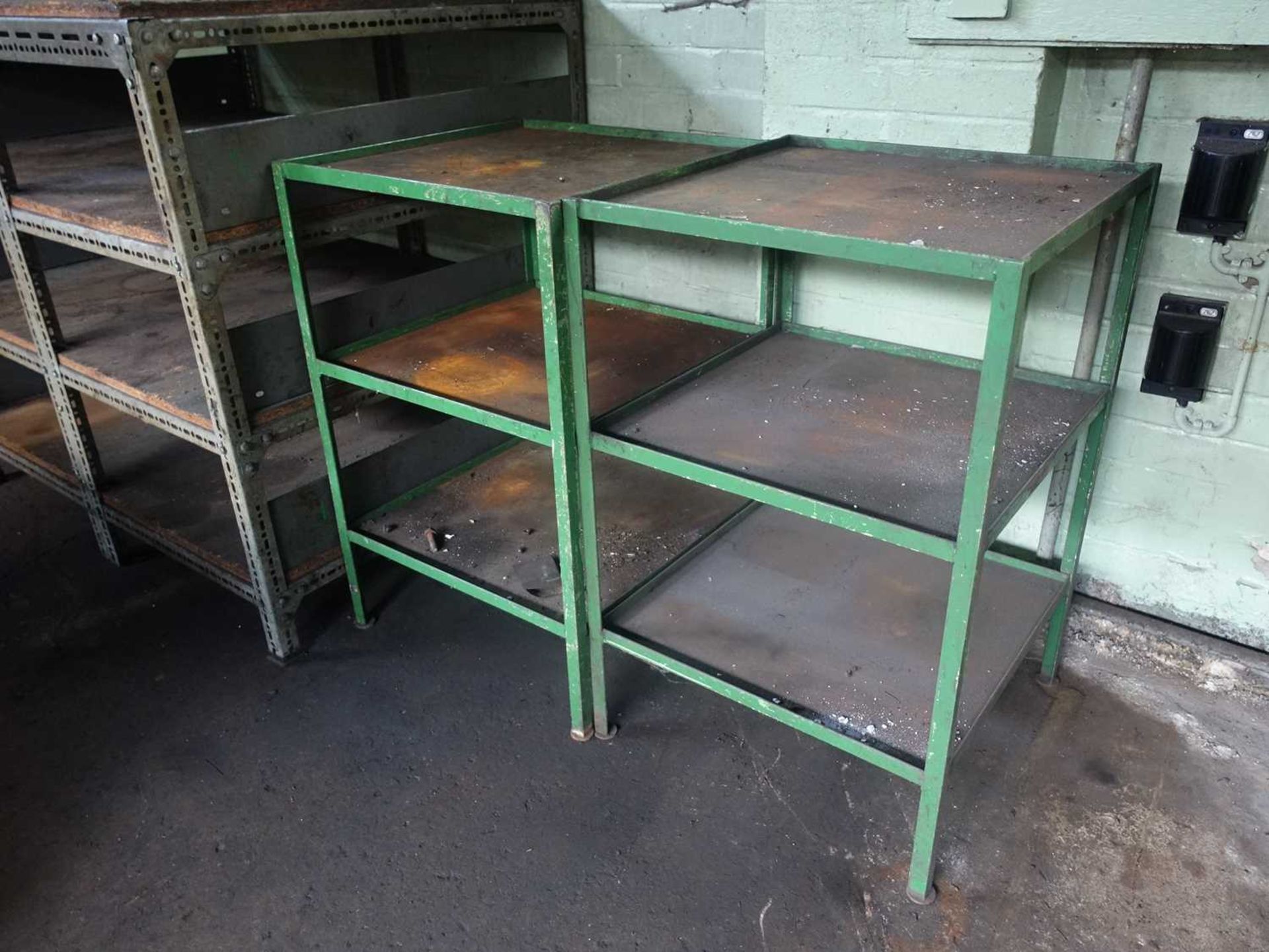 +VAT 8 wooden approx. 4' square work tables, together with 5 bays of bolted grey racking, 2 welded - Image 8 of 10