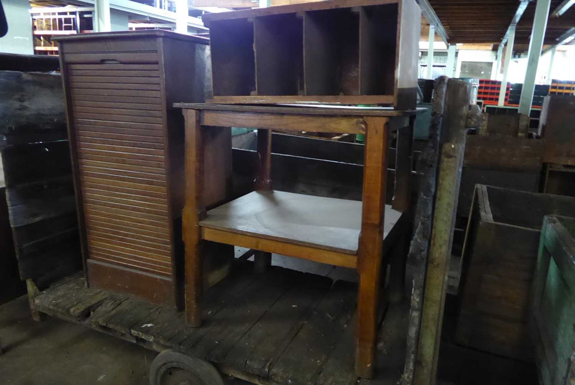 +VAT Early 20th Century barrow plus tambour fronted oak cabinet, table and small bookshelf