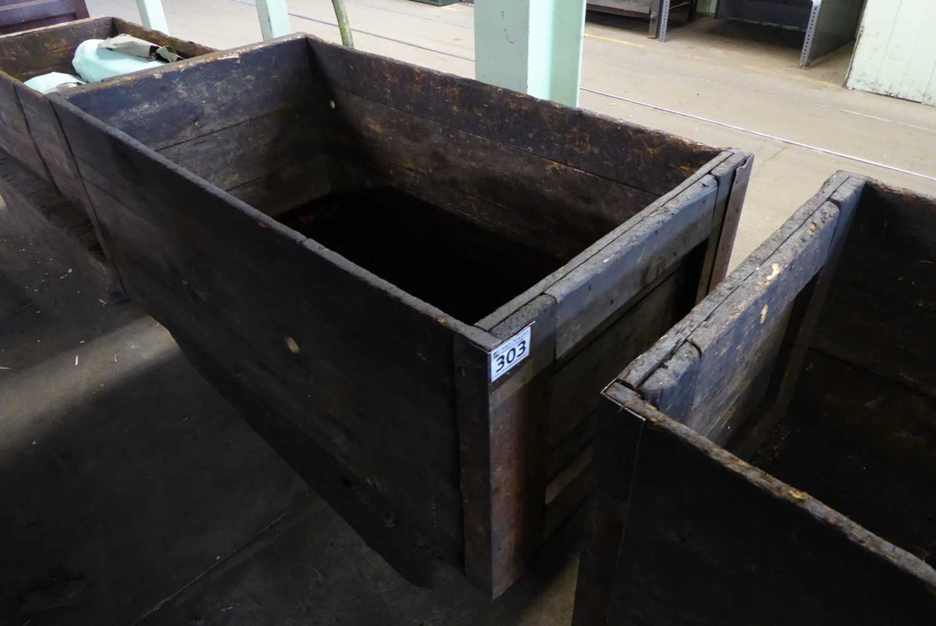 +VAT 3 large wooden metal banded boxes each on sled