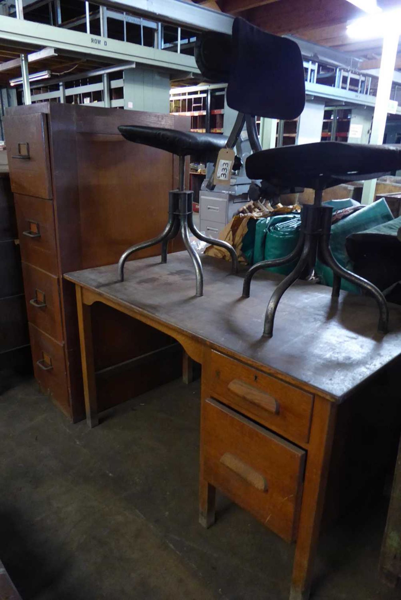 +VAT 2 mid 20th Century machinists chairs plus oak desk with single pedestal and oak 4 drawer filing