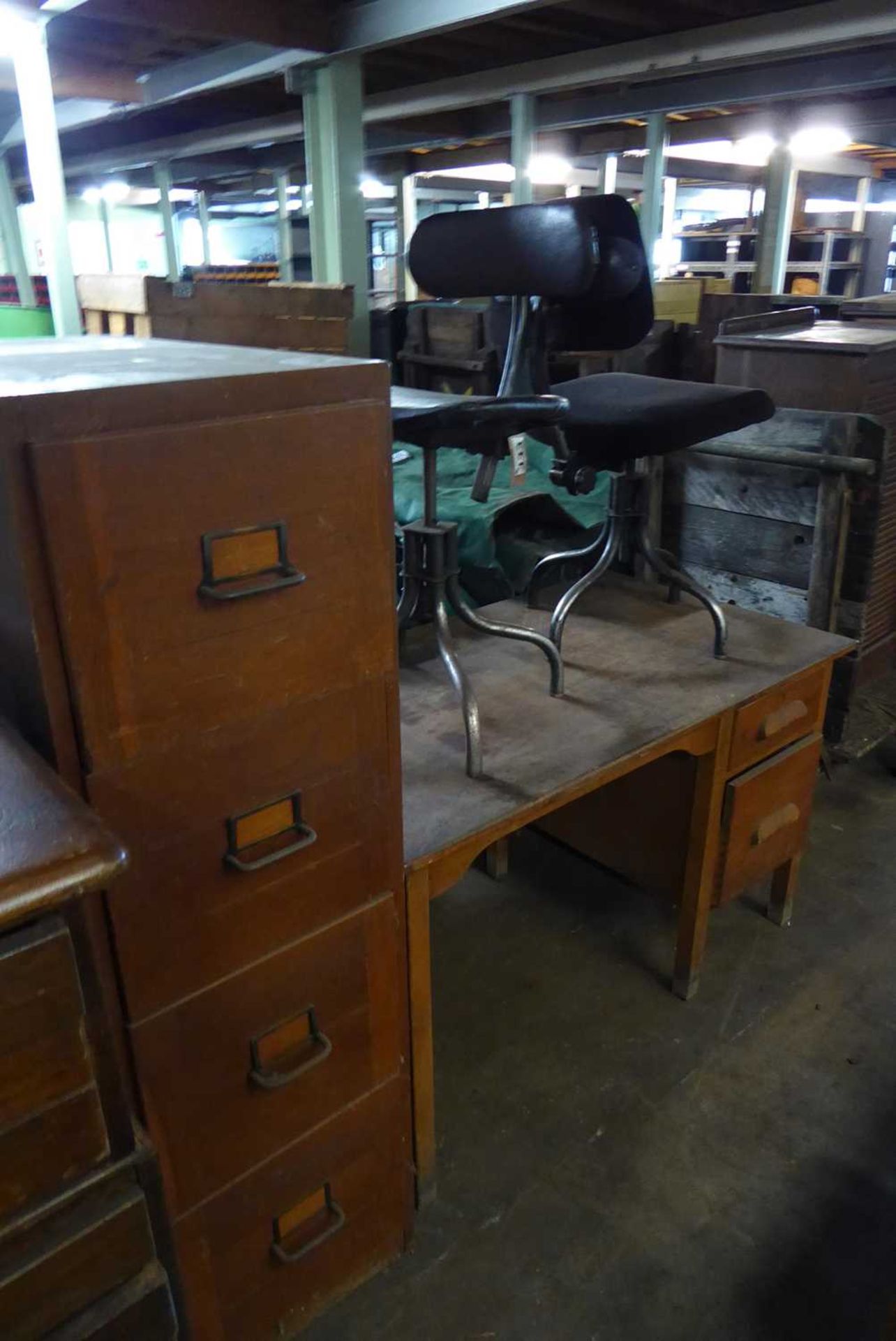 +VAT 2 mid 20th Century machinists chairs plus oak desk with single pedestal and oak 4 drawer filing - Image 2 of 2