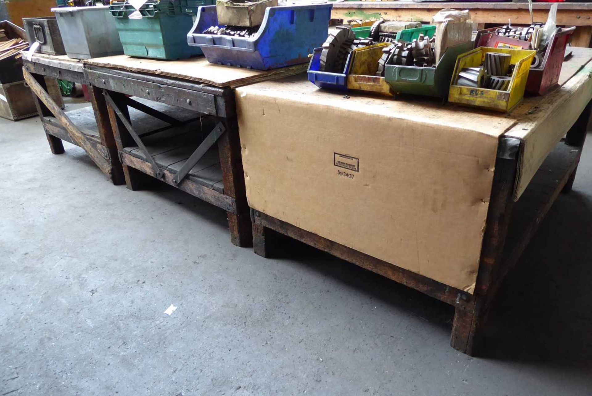 +VAT 3 low wooden benches, 4' workbench, welded steel workbench, bolted angle rack, early wooden - Image 6 of 8