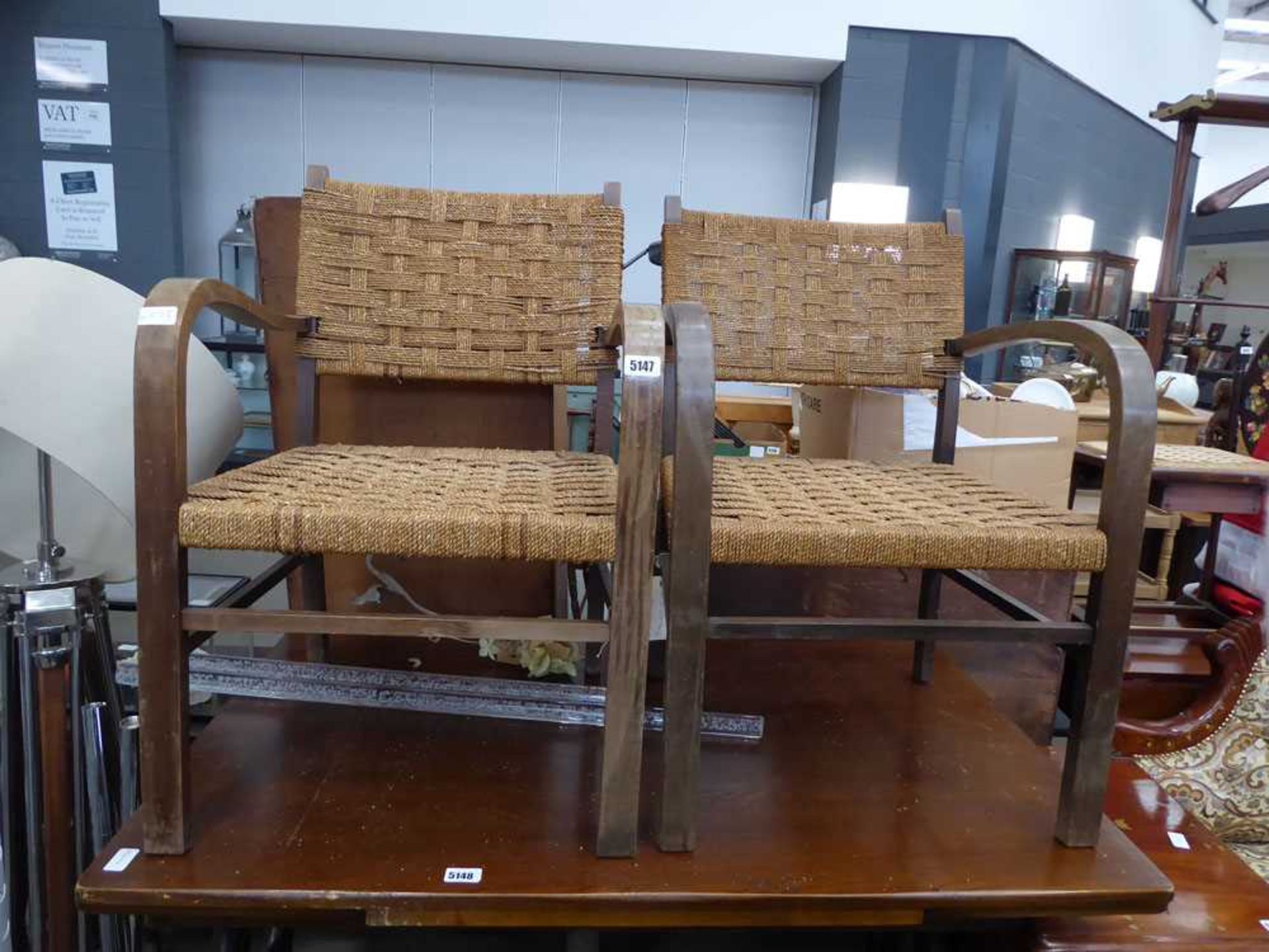 Pair of Danish bentwood and rattan armchairs