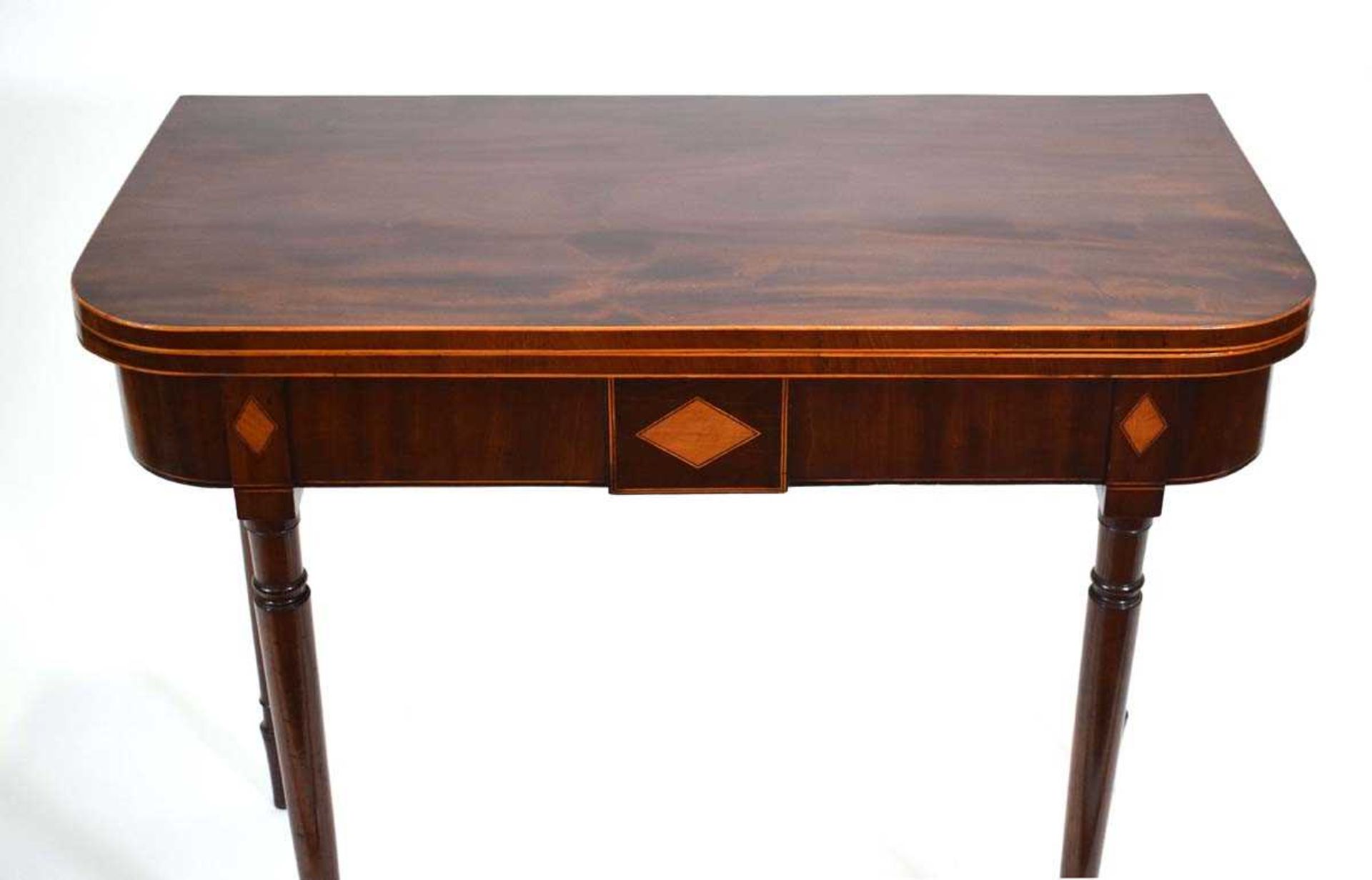 An early 19th century mahogany and satinwood strung tea table, the break-front frieze with marquetry - Image 2 of 3