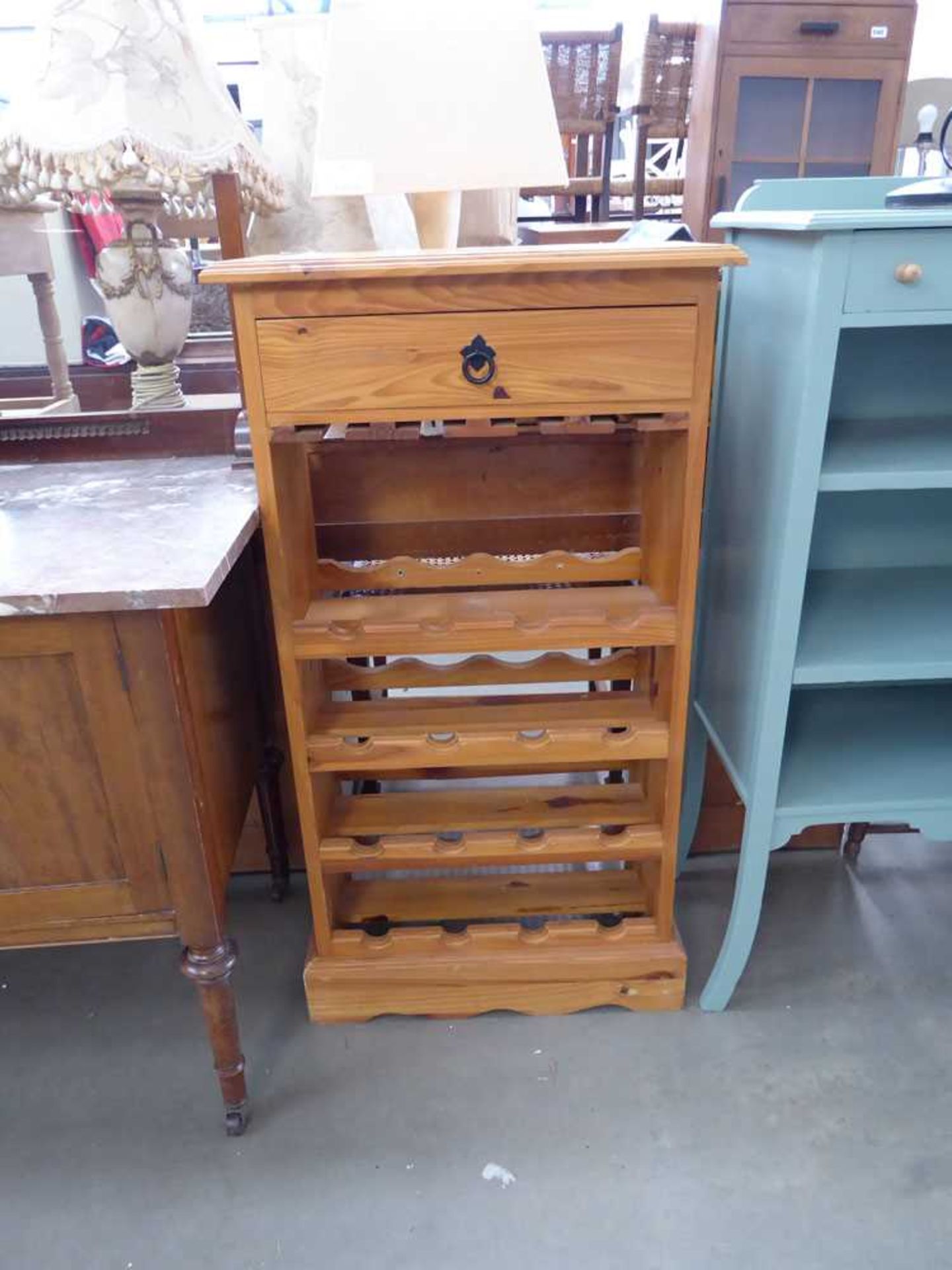 Pine wine rack with drawer over