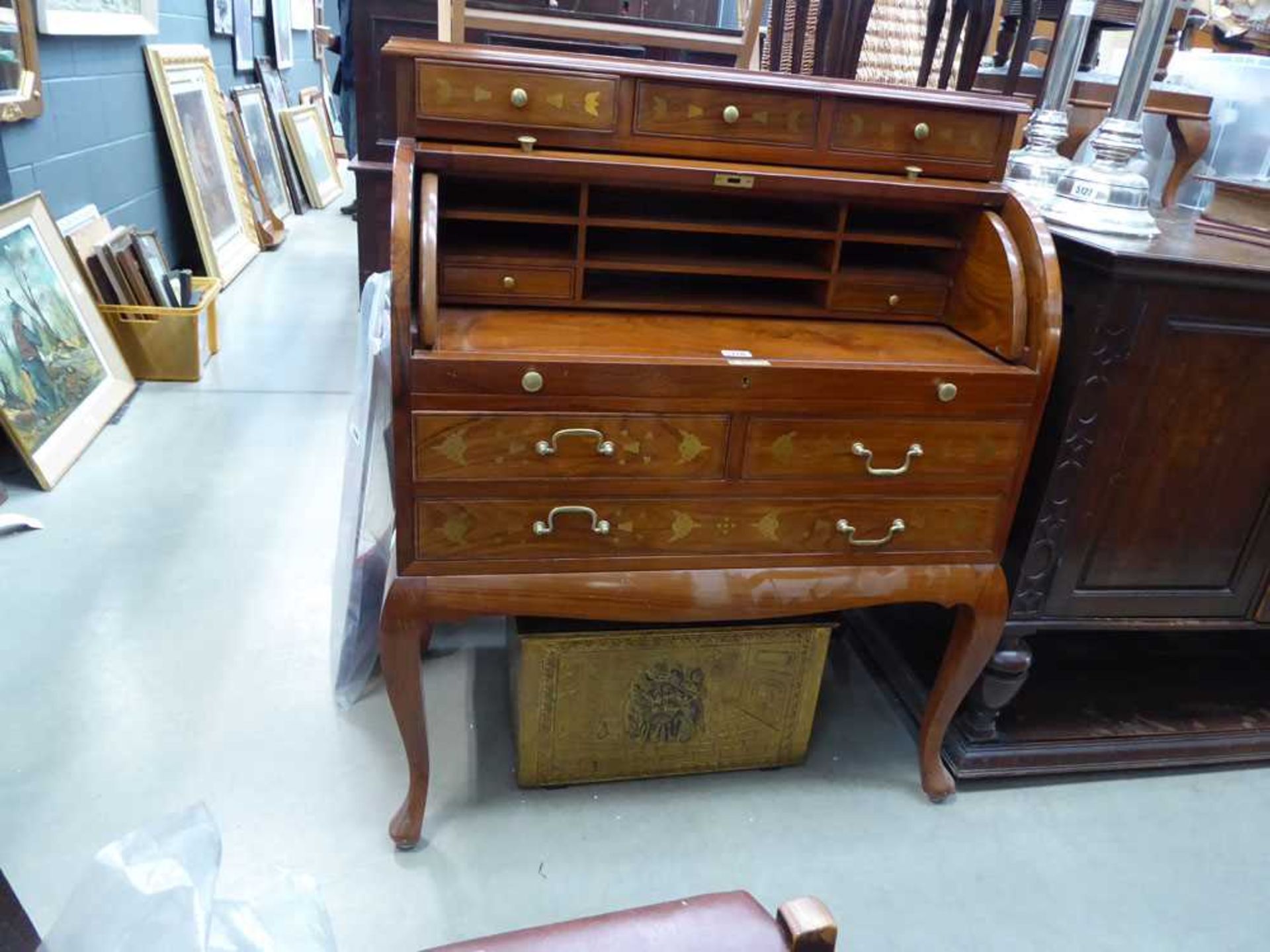 Roll top desk with gallery and drawers under