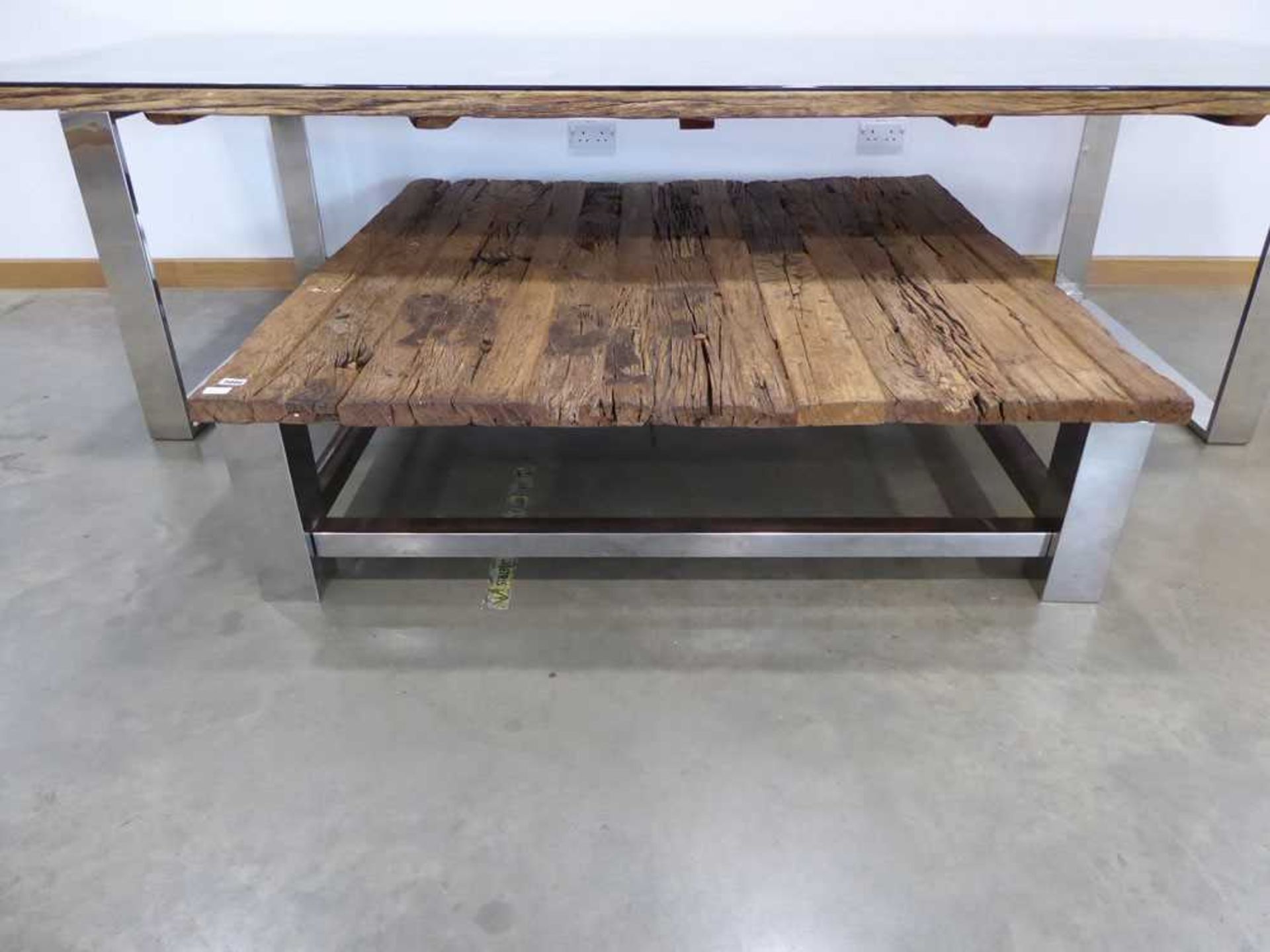 Driftwood style square coffee table with chromed supports