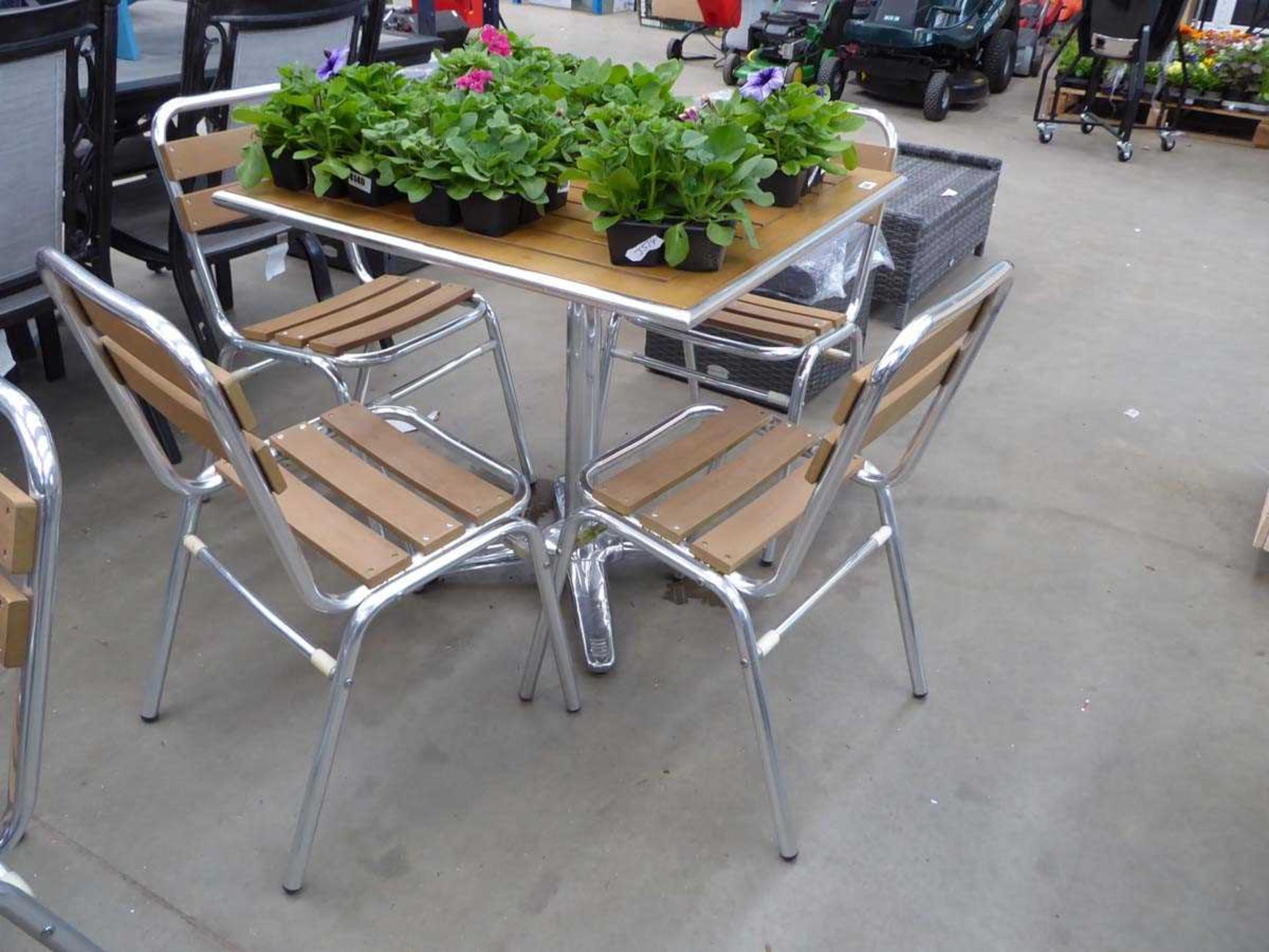 Square wooden topped bistro table and 4 matching chairs