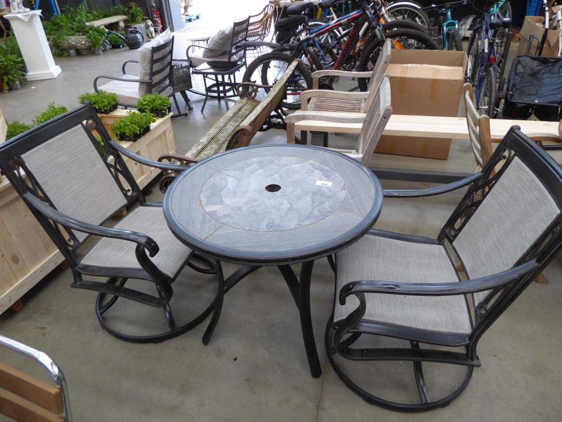 +VAT Round tile top garden table and 2 swivel chairs
