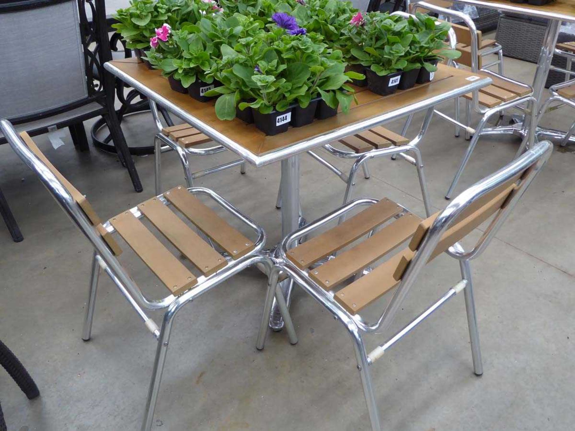 Square wooden topped bistro table and 4 matching chairs