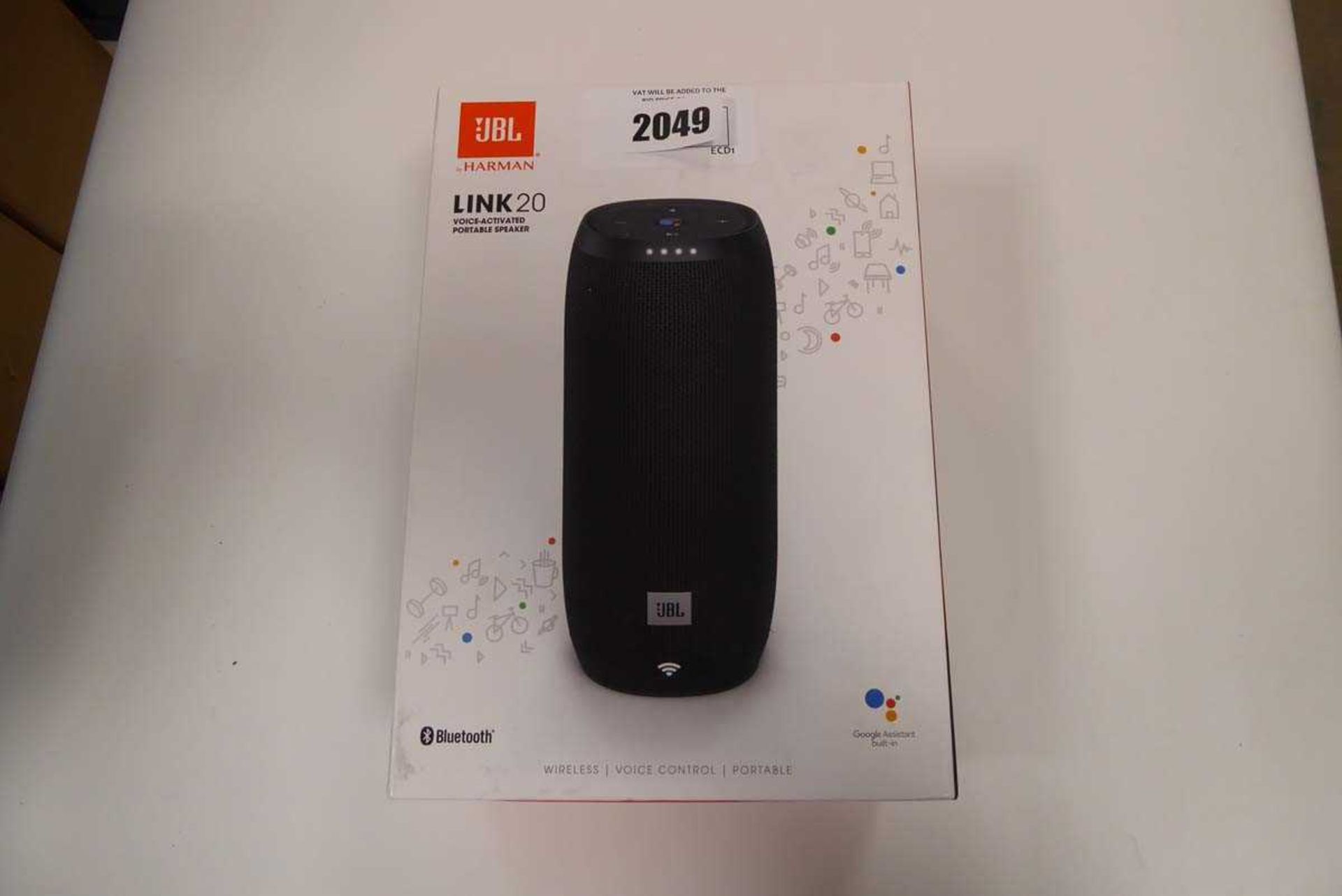 +VAT JBL link 20 voice activated portable speaker in box